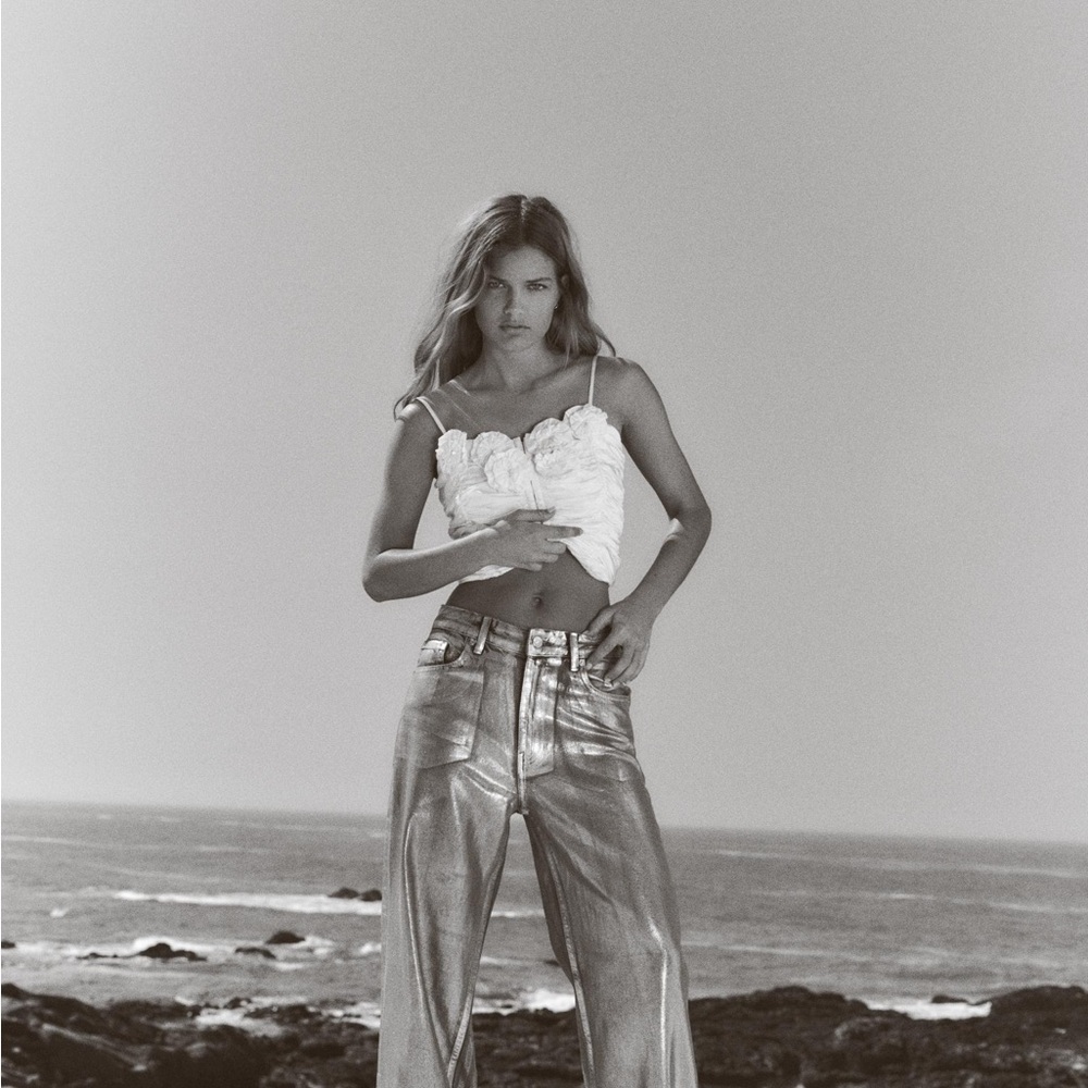 ZARA Silver MID WAIST TRF LOOSE FOIL JEANS sz4